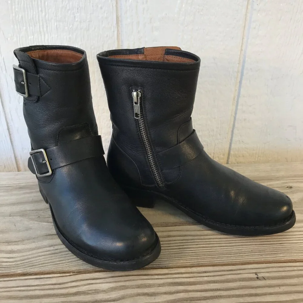 Frye Vicky Engineer Womens Black Leather Ankle Side Zip Boots 6.5 B 3478817BLK